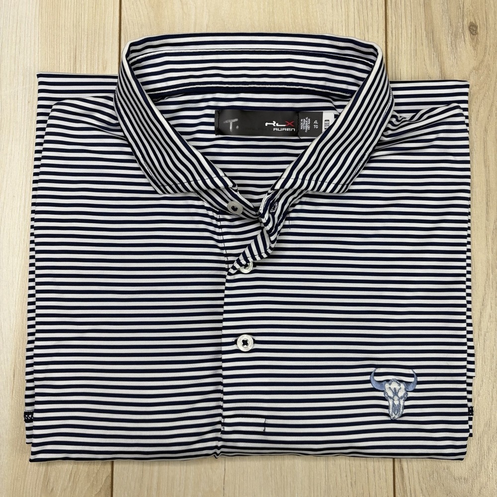 RLX Ralph Lauren BULLS GOLF CLUB Performance Golf Polo Shirt Mens XL Blue Stripe